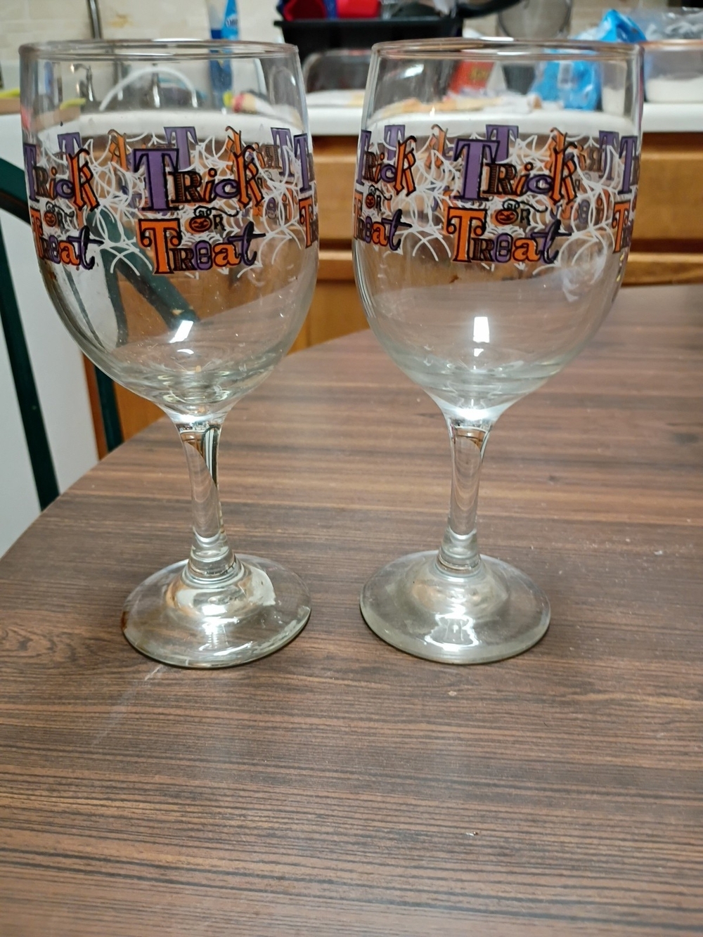 Trick or Treat Halloween Wine Glass - Clear with Orange & Purple Design